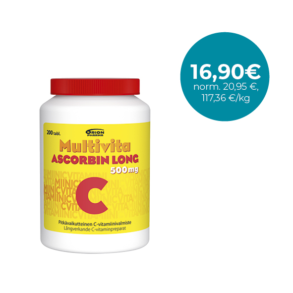 Multivita Ascorbin Long 500 mg 200 tabl. Pitkävaikutteinen C-vitamiinivalmiste / Långverkande C-vitaminpreparat