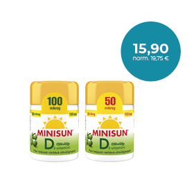 Minisun Oliiviöljykapseli 50 mcg 150 kaps. tai / eller 100 mcg 100 kaps. Vahvasti D-vitamiinia / Stark dos av D-vitamin