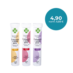 APTEEKKI C+sinkki Appelsiini, Mustaherukka tai Vadelma / Apelsin, Svartvinbär eller Hallon 20 poretabl. / brustabl. Vastustuskyvyn tueksi / För att stödja motståndskraften