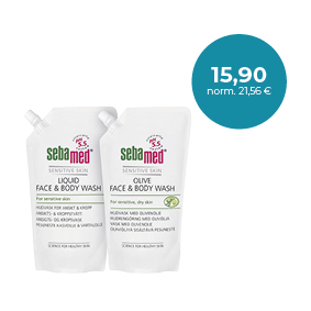 Sebamed Face & Body Wash täyttöpussit / påfyllningspåsar 1000 ml Hellävaraiseen pesuun / Skonsam rengöring
