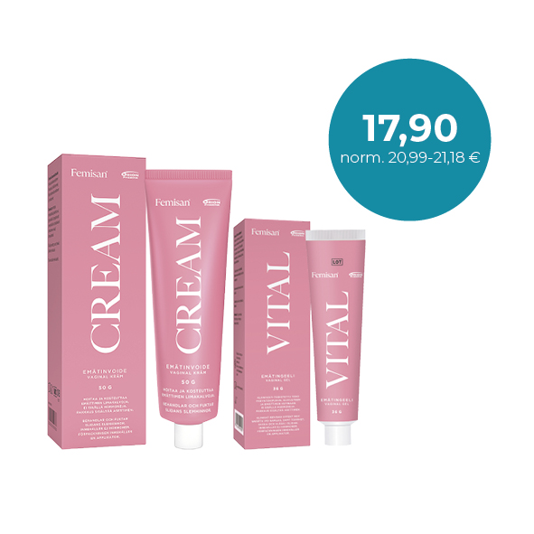 Femisan Cream 50 g tai / eller Femisan Vital 36 g Intiimialueen kuivuuden hoitoon / För behandling av torrhet i intimområdet