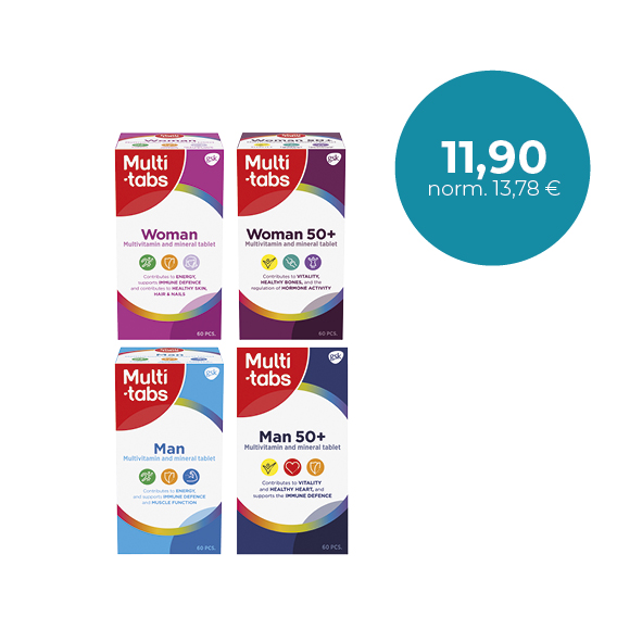 Multi-tabs Man, Man 50+, Woman tai / eller Woman 50+ 60 tabl. Aikuisten monivitamiinit / Multivitaminer för vuxna