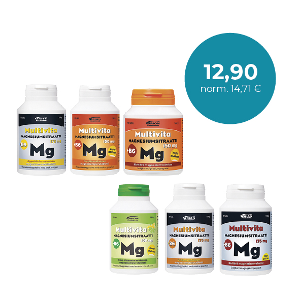 Multivita Magnesiumsitraatti 150 mg 90 tabl. tai/eller 175 mg 80 tabl. Liikkujan lihaksille / För motionärens muskler
